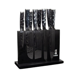 Shinrai Knives - Damascus Print Onyx Epoxy 9-delige Messenset + Magnetisch Messenblok Dubbelzijdig - Zwart Messenset met blok Shinrai Knives 