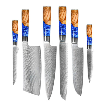 Shinrai Knives - Epoxy Sapphire 6-delige Damascus Messenset Messenset Shinrai Knives 