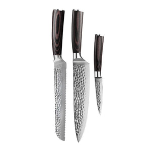 Shinrai Knives - Hammered RVS 3-delige Messenset - Koksmes + Broodmes + Schilmes Messenset Shinrai Knives 