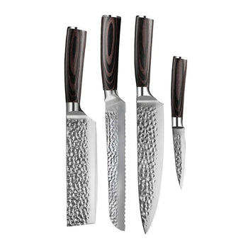 Couteaux Shinrai - Coffret de 4 couteaux en acier inoxydable martelé - Couteau de chef + Couteau à pain + Nakiri + Couteau d'office