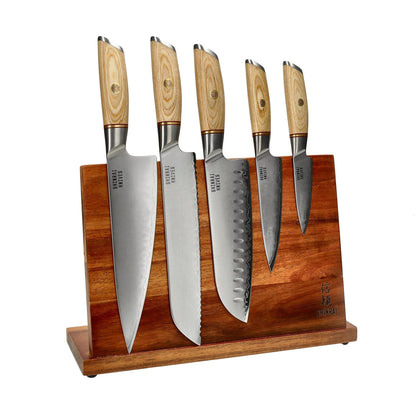 Couteaux Shinrai - Coffret de 5 couteaux Hikari Damas + Bloc à couteaux simple face