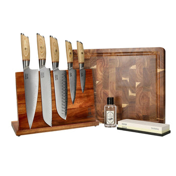 Couteaux Shinrai - Coffret complet Hikari Damas - Ensemble de couteaux complet avec bloc, planche à découper et pierre à aiguiser 