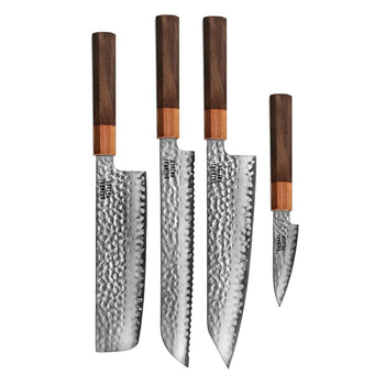 Couteaux Shinrai - Ensemble 4 pièces exclusif Kigami Damas - Kiritsuke + Couteau à pain + Nakiri + Couteau d'office Ensemble de couteaux Couteaux Shinrai