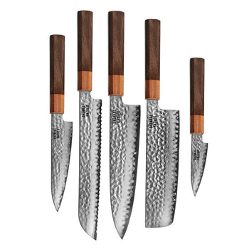 Couteaux Shinrai - Kigami Exclusive Damascus 5 pièces - Couteau de chef + Couteau à pain + Nakiri + Couteau de bureau + Couteau d'office Ensemble de couteaux Shinrai Knives