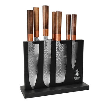 Couteaux Shinrai - Coffret exclusif Kigami en acier damassé (7 pièces) + bloc à couteaux noir double face