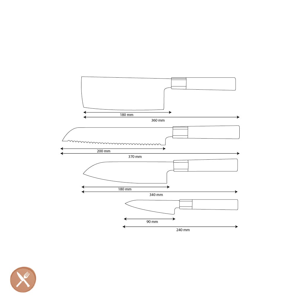Shinrai Knives - Kurayami 4-delige Damascus Messenset - Santoku + Broodmes + Nakiri + Schilmes Messenset Shinrai Knives 